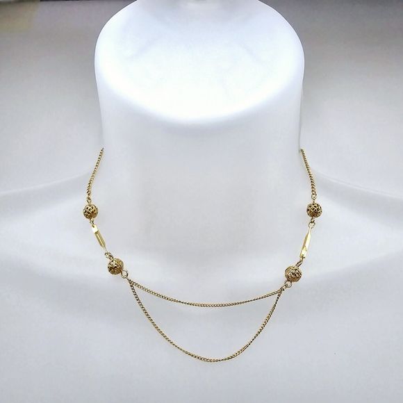Draping Station Necklace Vintage Gold Tone Bead Dainty Feminine Jewelry - Picture 3 of 8
